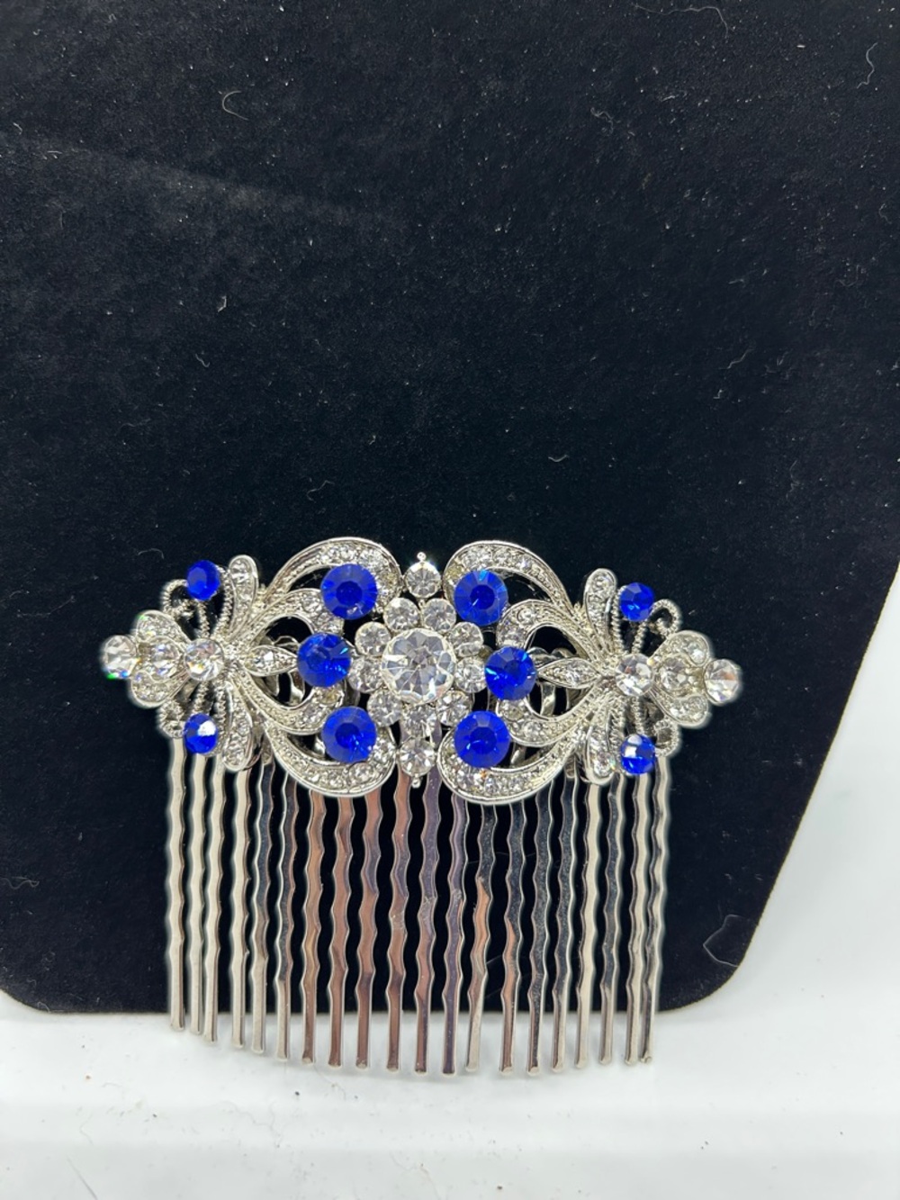 Silver Bridal Hair Comb with Royal Blue Crystals